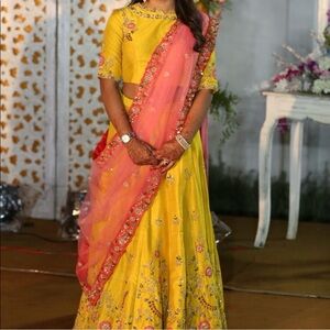 Yellow and Pink Embroidered Lehenga Choli